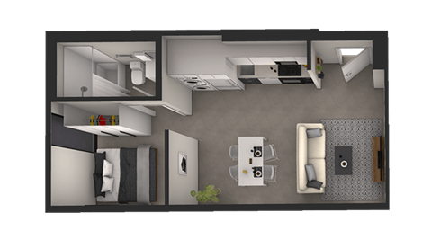 a floor plan of a bedroom with a bathroom and a living room